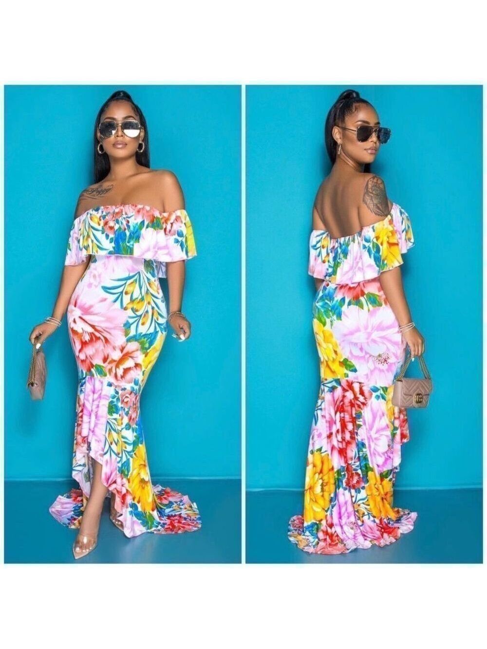 Pink Floral High Low Ruffled Dress